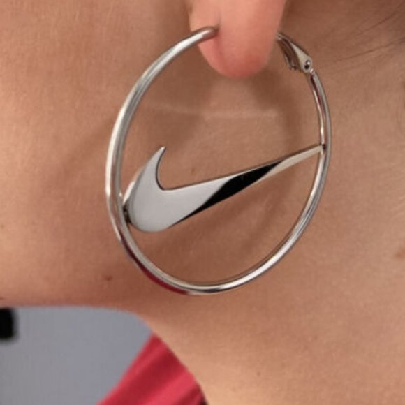 Nike Swoosh Silver - Plated Metal Hoops Clasp Earrings, Pair, For Women … - Picture 2 of 6
